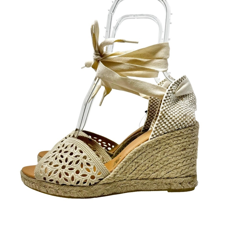 Maypol NEW Crochet Espadrille Wedge Sandals Peep Toe Ankle Wrap Cream Size 41 - Picture 5 of 13